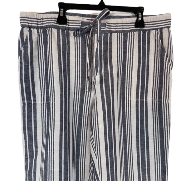 Liz Claiborne Striped Linen Blend Beach Pants M White Navy Drawstring Waist - Picture 2 of 11